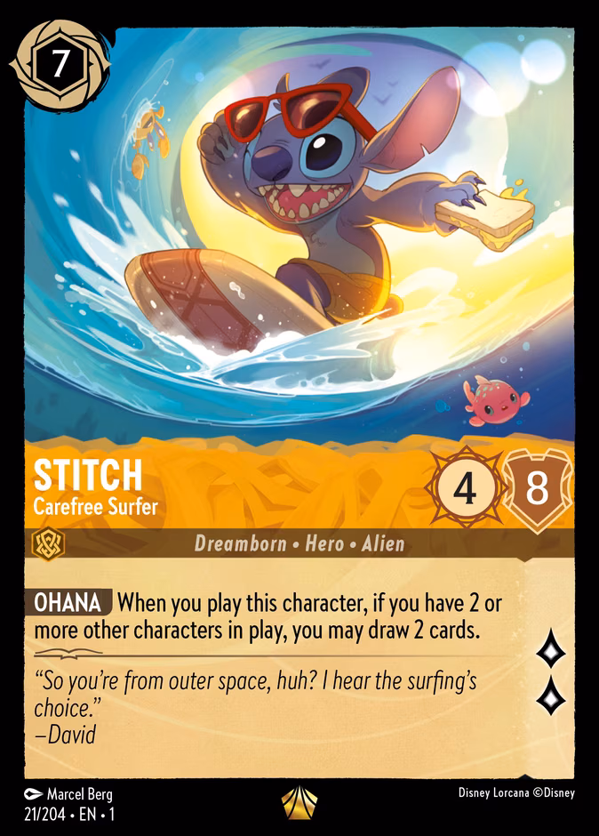 Stitch - Carefree Surfer Lorcana card (21/204, The First Chapter)