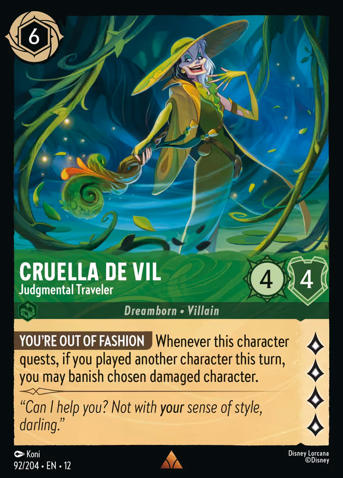 Cruella De Vil - Judgmental Traveler Lorcana card (92/204, Wilds Unknown)