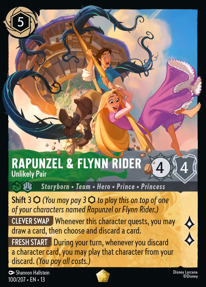 Rapunzel & Flynn Rider - Unlikely Pair Lorcana card (100/207, Attack of the Vine!)