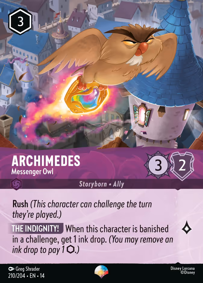 Archimedes - Messenger Owl Lorcana card (210/204, Hyperia City)