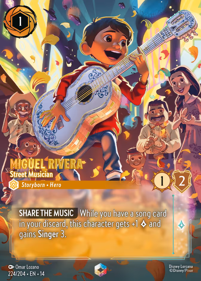 Miguel Rivera - Street Musician (Enchanted) Lorcana card (224/204, Hyperia City)