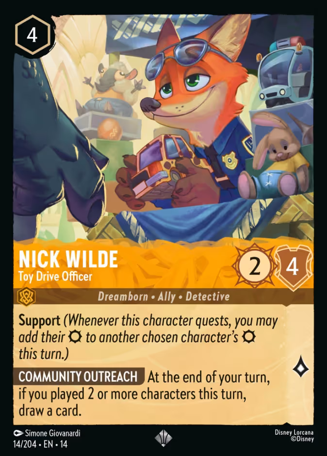 Nick Wilde - Toy Drive Officer Lorcana card (14/204, Hyperia City)