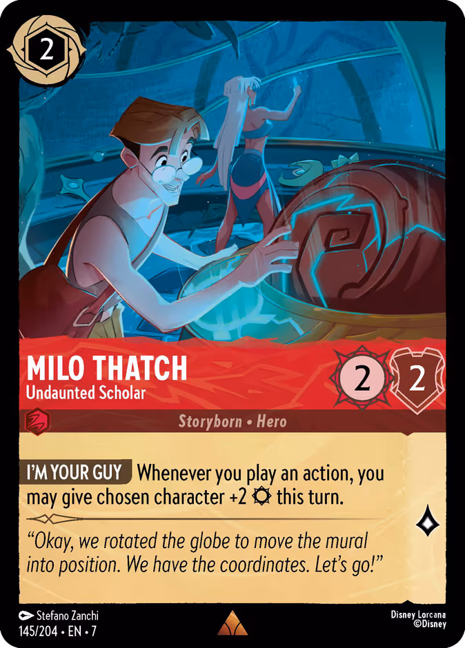 Milo Thatch - Undaunted Scholar Lorcana card (145/204, Archazia's Island)