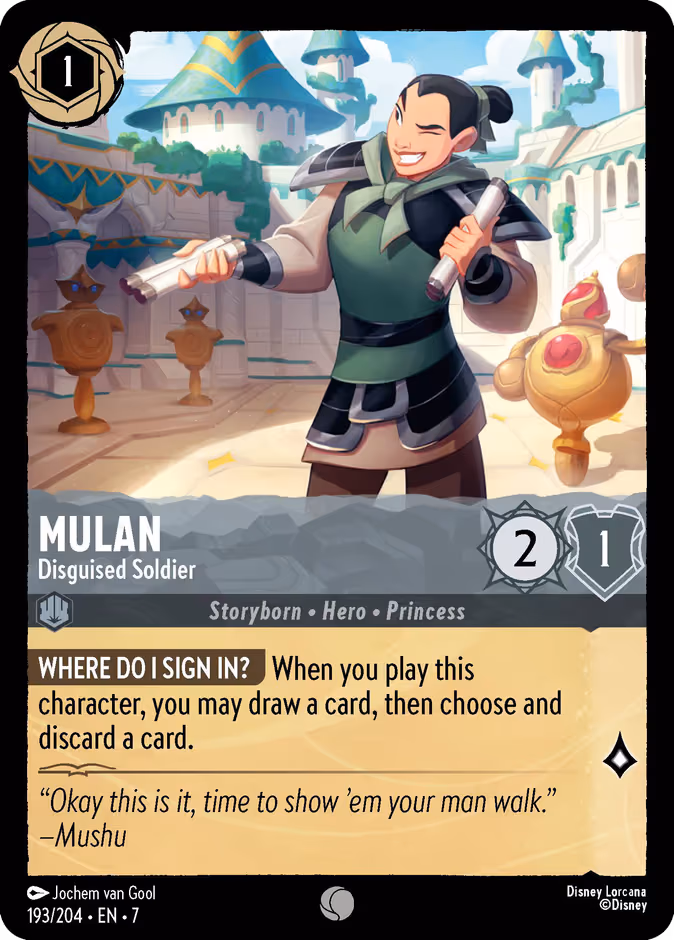 Mulan - Disguised Soldier Lorcana card (193/204, Archazia's Island)