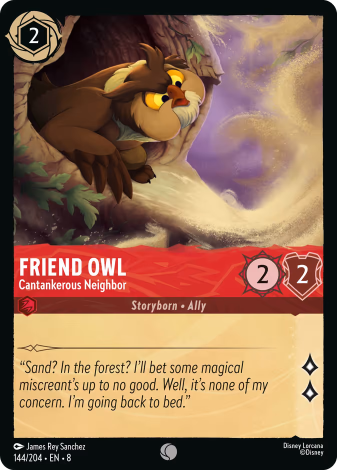 Friend Owl - Cantankerous Neighbor Lorcana card (144/204, Reign of Jafar)