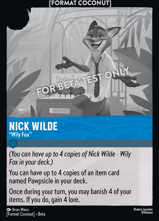 Nick Wilde - "Wily Fox" Lorcana card (COCONUT #9, Format Coconut)
