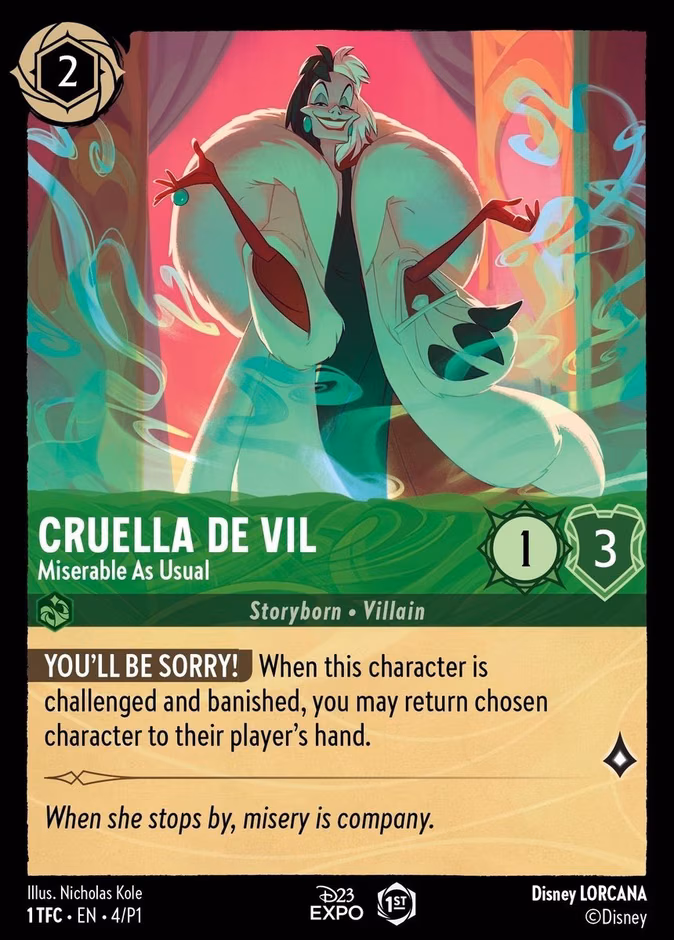 Cruella De Vil - Miserable As Usual Lorcana card (P1 #4, Promo Set 1)