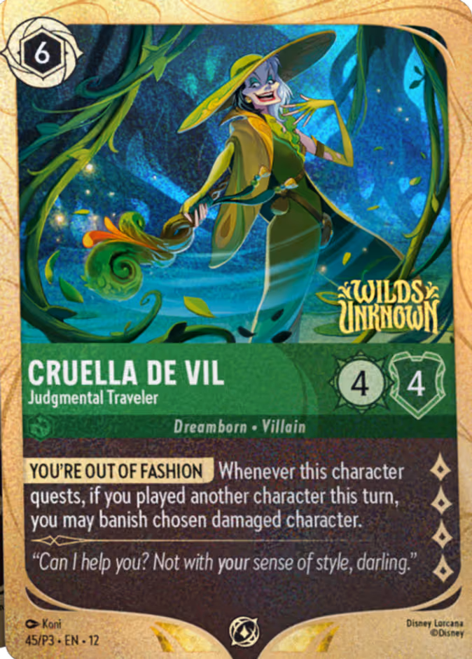 Cruella De Vil - Judgmental Traveler Lorcana card (P3 #45, Promo Set 3)