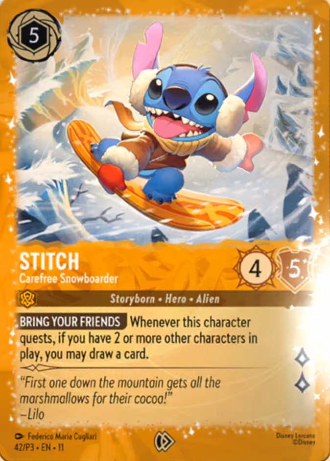 Stitch - Carefree Snowboarder Lorcana card (P3 #42, Promo Set 3)