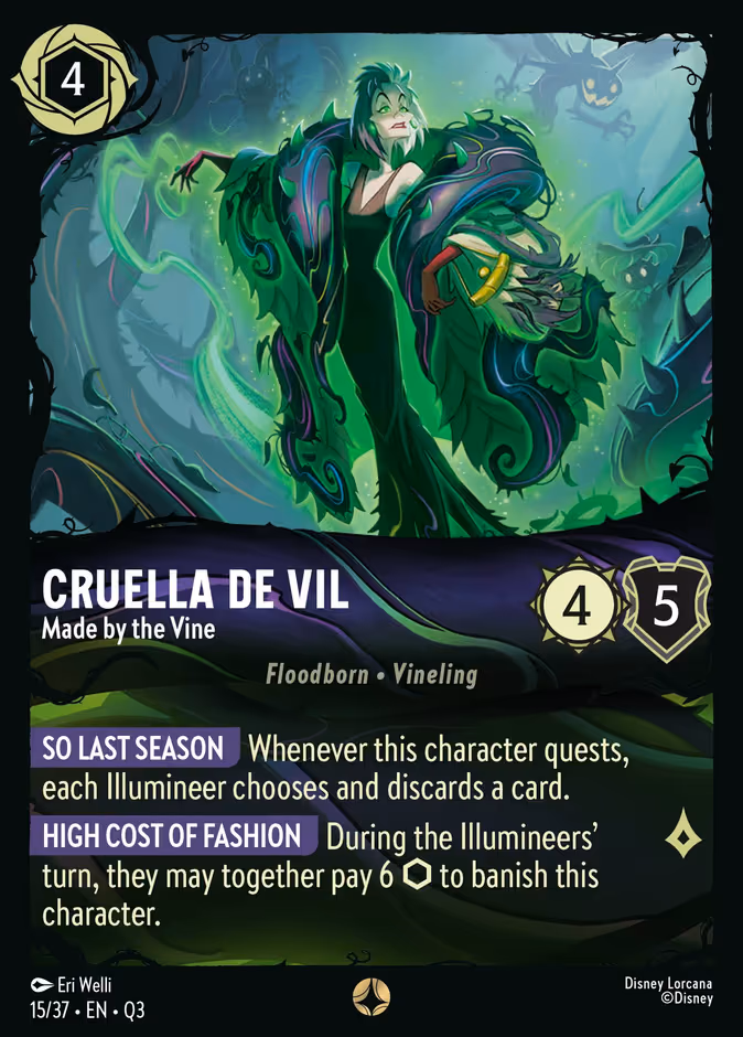 Cruella De Vil - Made by the Vine Lorcana card (Q3 #15, Hunny Rescue – Illumineer's Quest)