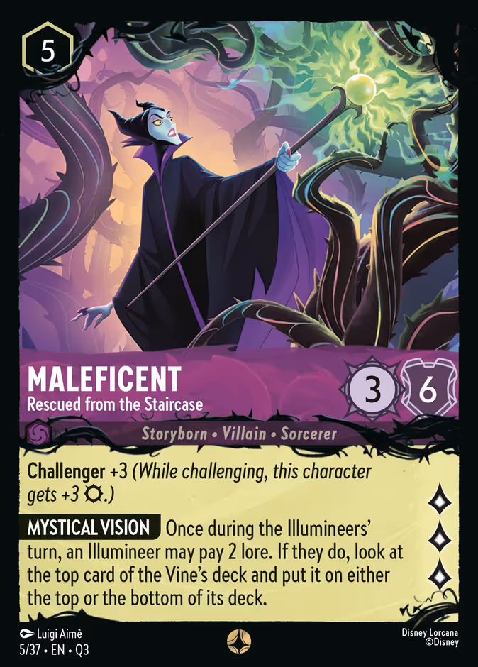 Maleficent - Rescued from the Staircase Lorcana card (Q3 #5, Hunny Rescue – Illumineer's Quest)