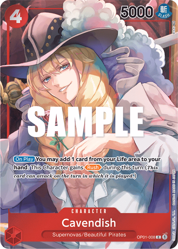 Cavendish (Box Topper) One Piece card (OP01-008, Romance Dawn)