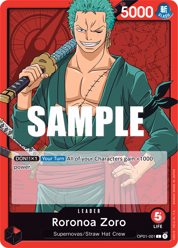 Roronoa Zoro One Piece card (OP01-001, Romance Dawn)