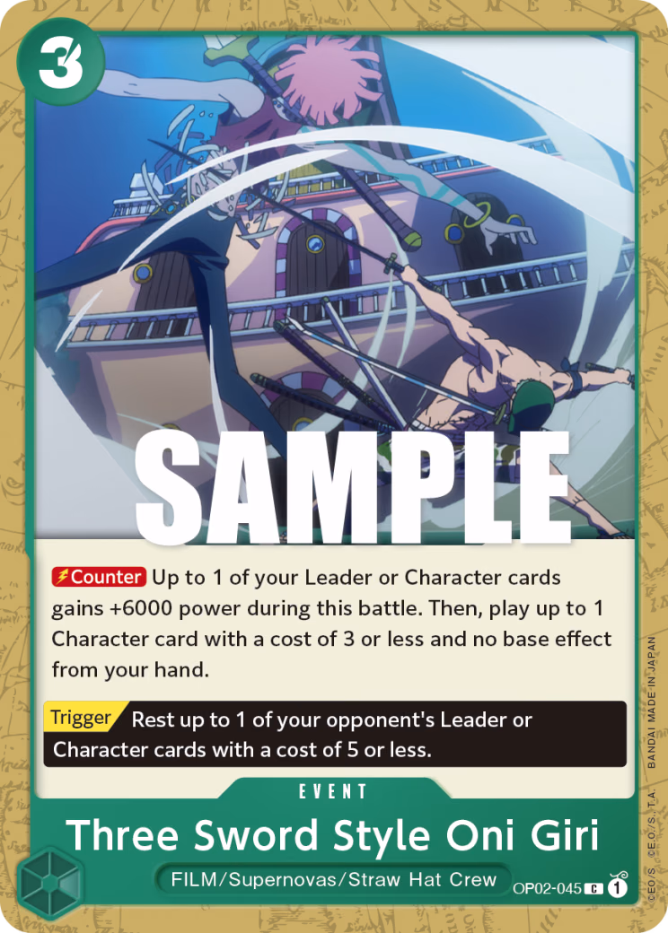 Three Sword Style Oni Giri One Piece card (OP02-045, Paramount War)