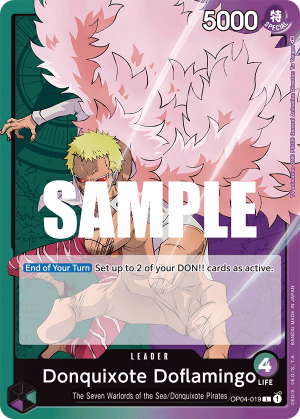 Donquixote Doflamingo One Piece card (OP04-019, Kingdoms of Intrigue)