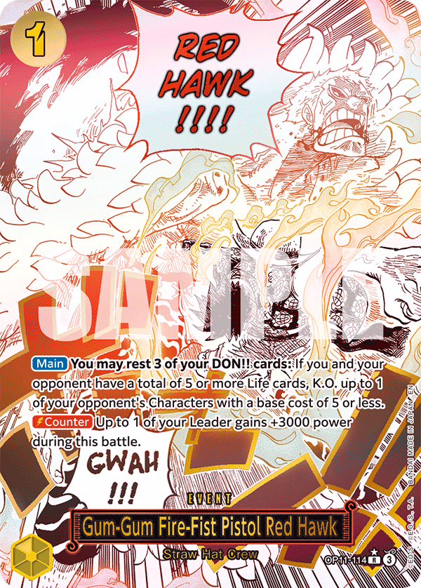 Gum-Gum Fire-Fist Pistol Red Hawk (Alternate Art) One Piece card (OP11-114, A Fist of Divine Speed)