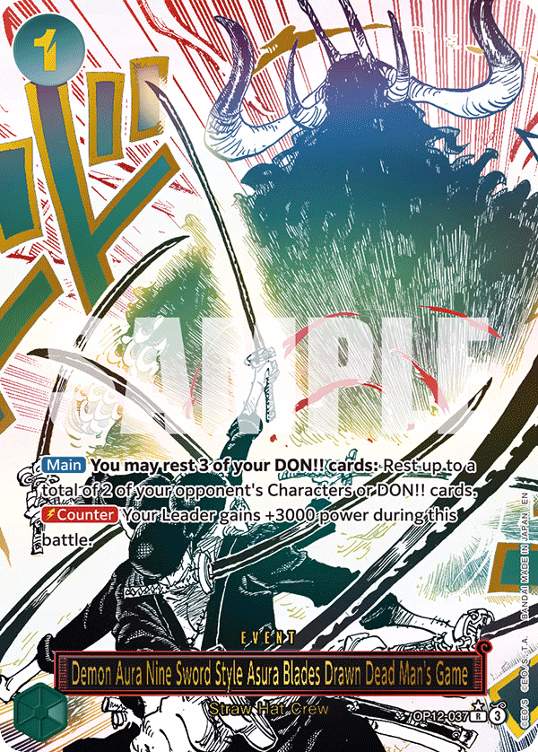 Demon Aura Nine Sword Style Asura Blades Drawn Dead Man's Game (Alternate Art) One Piece card (OP12-037, Legacy of the Master)