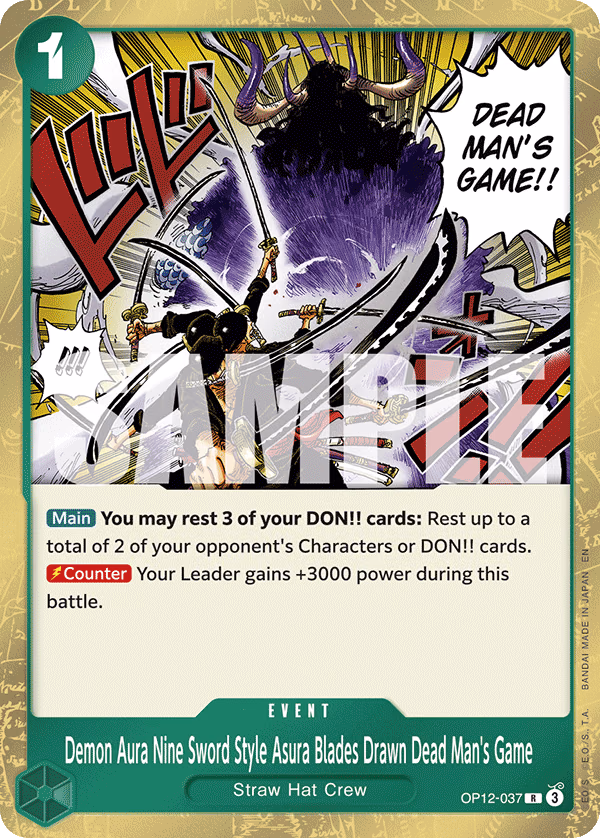 Demon Aura Nine Sword Style Asura Blades Drawn Dead Man's Game One Piece card (OP12-037, Legacy of the Master)