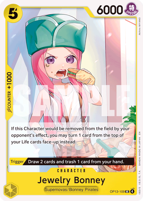 Jewelry Bonney One Piece card (OP13-109, Carrying On His Will)