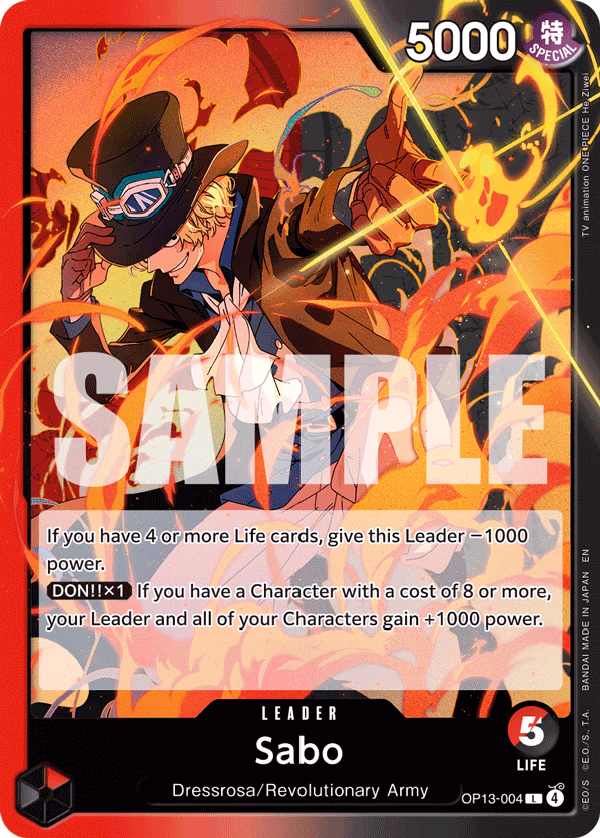 Sabo One Piece card (OP13-004, Carrying On His Will)