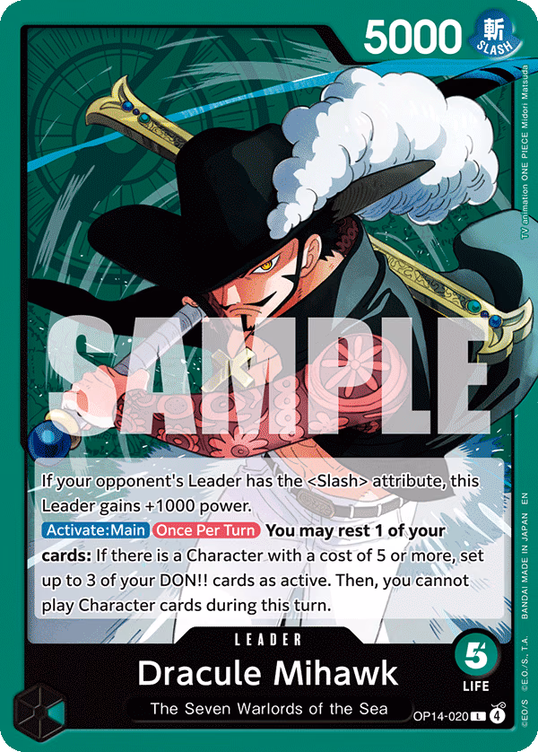 Dracule Mihawk One Piece card (OP14-020, The Azure Sea's Seven)