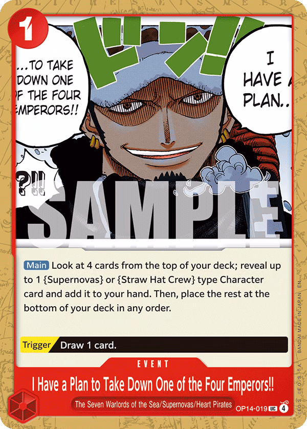 I Have a Plan to Take Down One of the Four Emperors!! One Piece card (OP14-019, The Azure Sea's Seven)