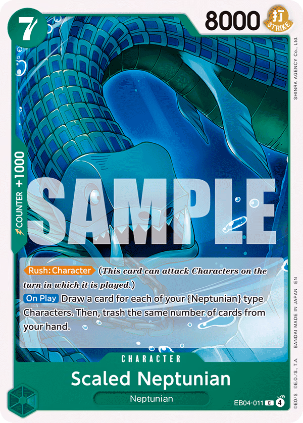 Scaled Neptunian One Piece card (EB04-011, The Azure Sea's Seven)