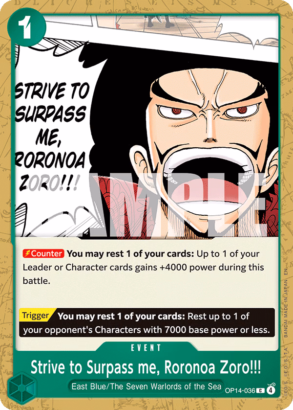 Strive to Surpass me, Roronoa Zoro!!! One Piece card (OP14-036, The Azure Sea's Seven)