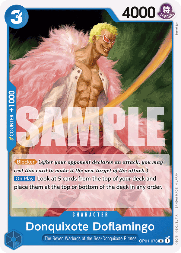 Donquixote Doflamingo (Reprint) One Piece card (OP01-073, Starter Deck 17: BLUE Donquixote Doflamingo)