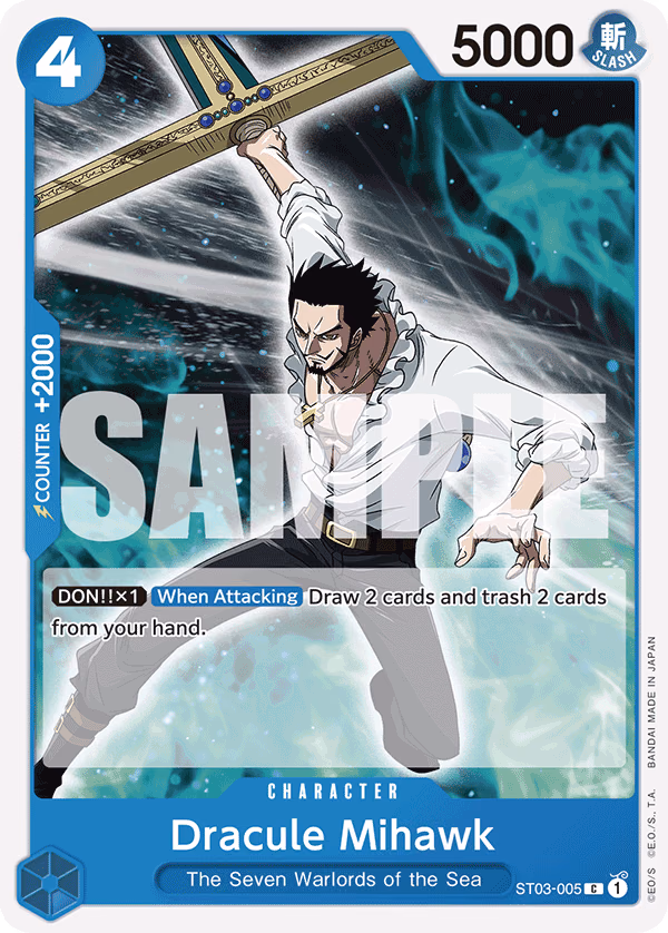 Dracule Mihawk (Reprint) One Piece card (ST03-005, Starter Deck 17: BLUE Donquixote Doflamingo)