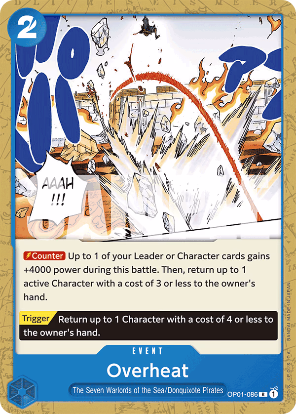 Overheat (Reprint) One Piece card (OP01-086, Starter Deck 17: BLUE Donquixote Doflamingo)