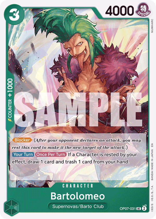 Bartolomeo (Reprint) One Piece card (OP07-031, Starter Deck 24: GREEN Jewelry Bonney)