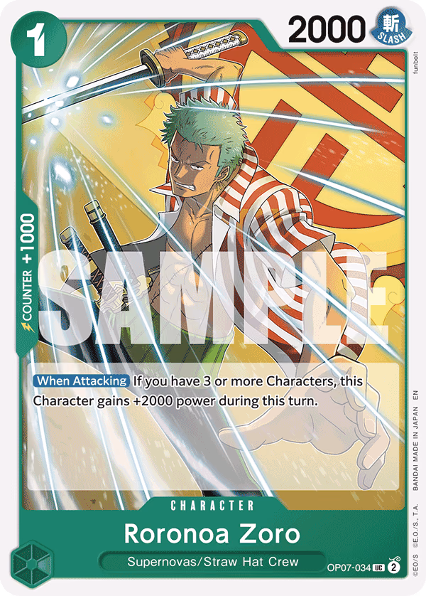 Roronoa Zoro (Reprint) One Piece card (OP07-034, Starter Deck 24: GREEN Jewelry Bonney)