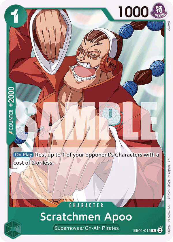 Scratchmen Apoo (Reprint) One Piece card (EB01-015, Starter Deck 24: GREEN Jewelry Bonney)