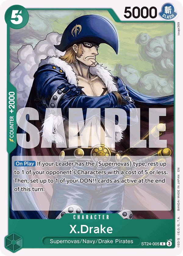X.Drake One Piece card (ST24-005, Starter Deck 24: GREEN Jewelry Bonney)