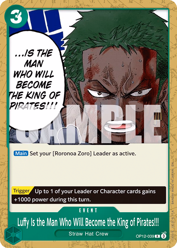 Luffy Is the Man Who Will Become the King of Pirates!!! (Alt Art) One Piece card (OP12-039, Starter Deck 32: GREEN Roronoa Zoro)