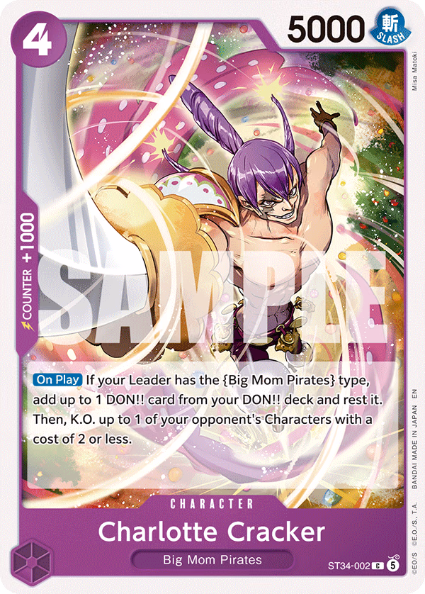 Charlotte Cracker One Piece card (ST34-002, Starter Deck 34: PURPLE Charlotte Katakuri)