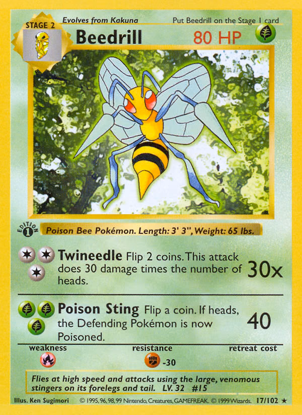 Beedrill (Shadowless) Pokemon card (17/102, Base)