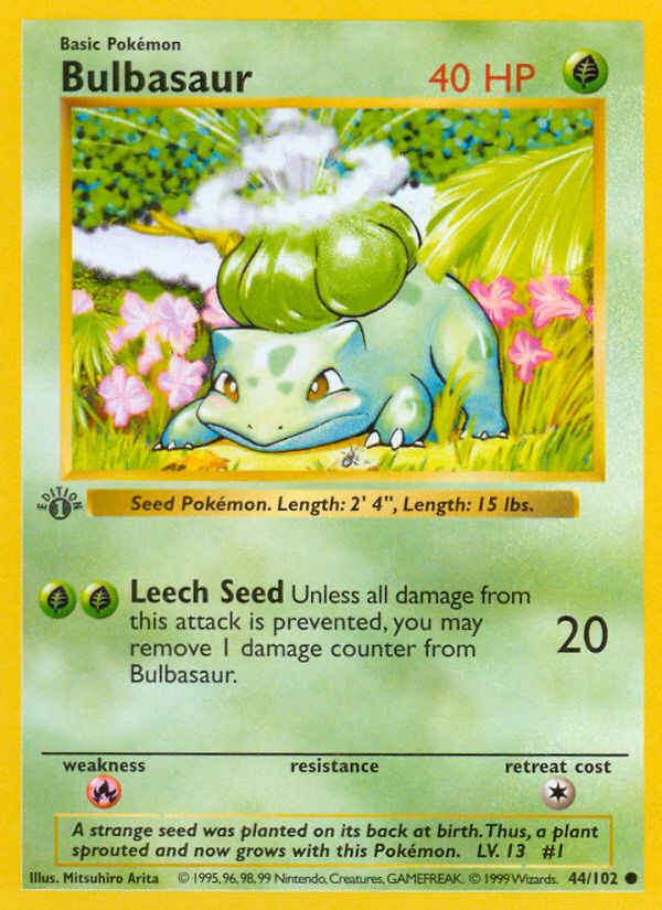 Bulbasaur (Shadowless) Pokemon card (44/102, Base)