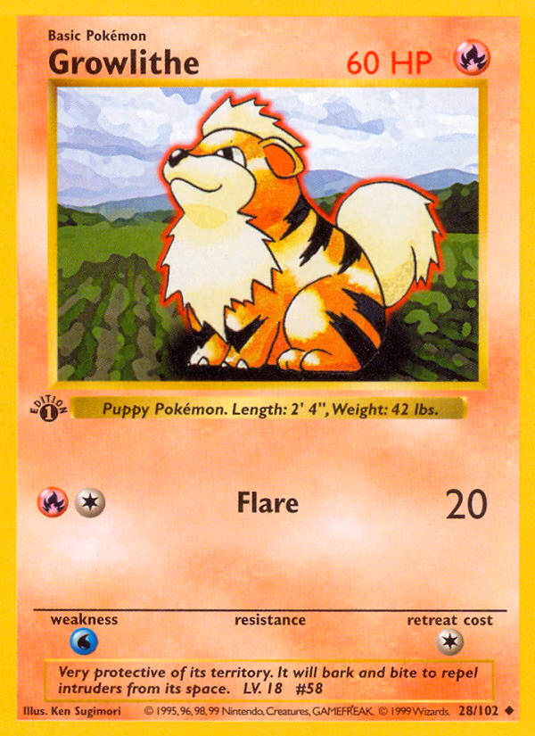 Growlithe (1st Edition) Pokemon card (28/102, Base)