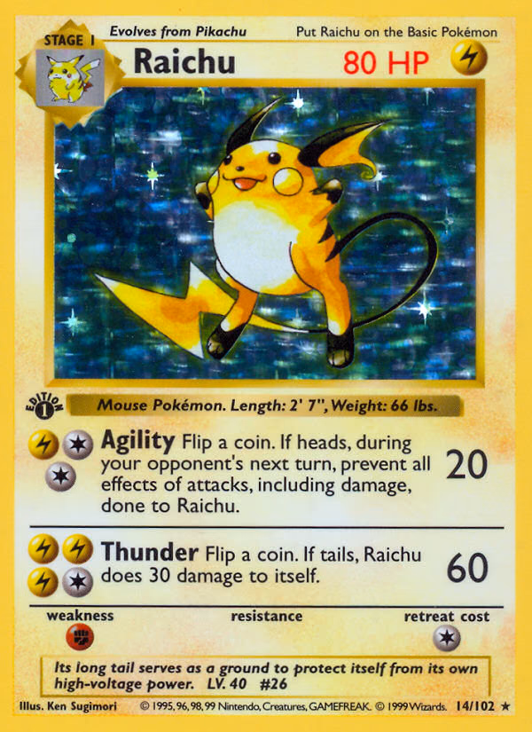 Raichu (Shadowless) Pokemon card (14/102, Base)
