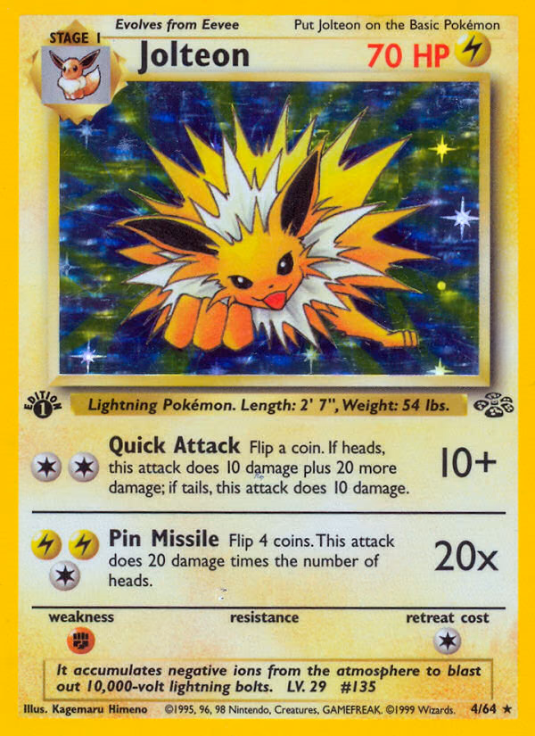 Jolteon (1st Edition) Pokemon card (4/64, Jungle)