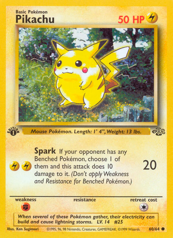 Pikachu (1st Edition) Pokemon card (60/64, Jungle)