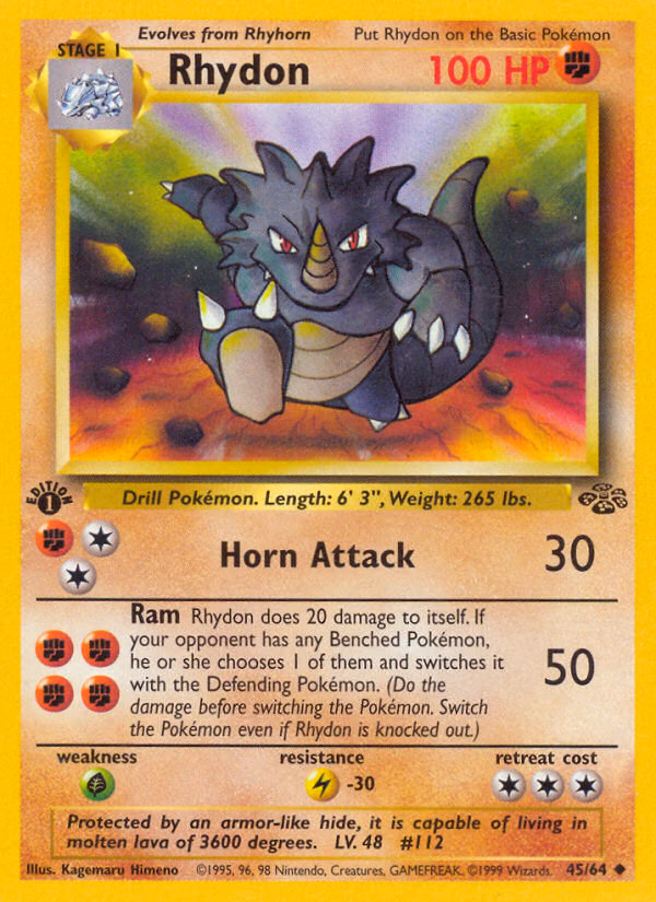Rhydon (1st Edition) Pokemon card (45/64, Jungle)