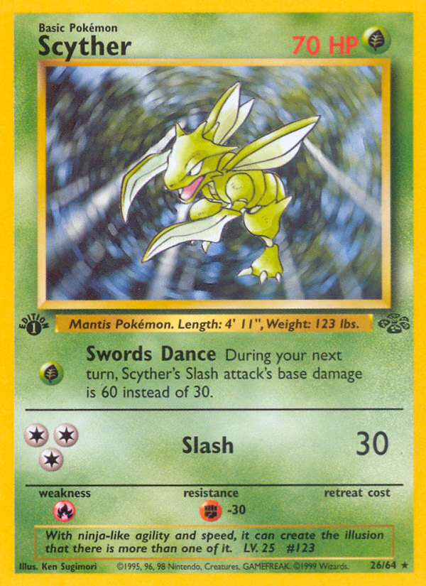 Scyther (1st Edition) Pokemon card (26/64, Jungle)