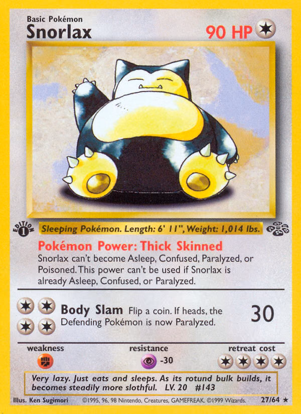Snorlax (1st Edition) Pokemon card (27/64, Jungle)