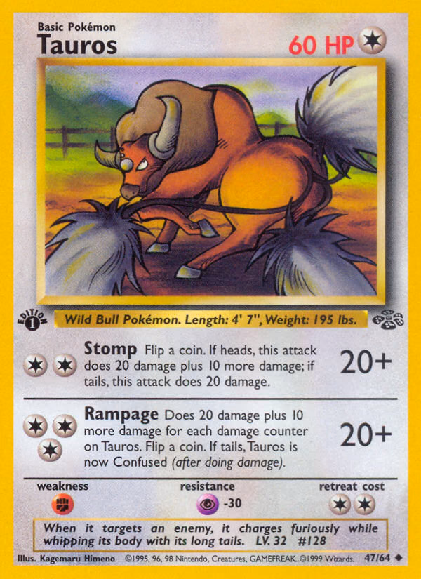 Tauros (1st Edition) Pokemon card (47/64, Jungle)