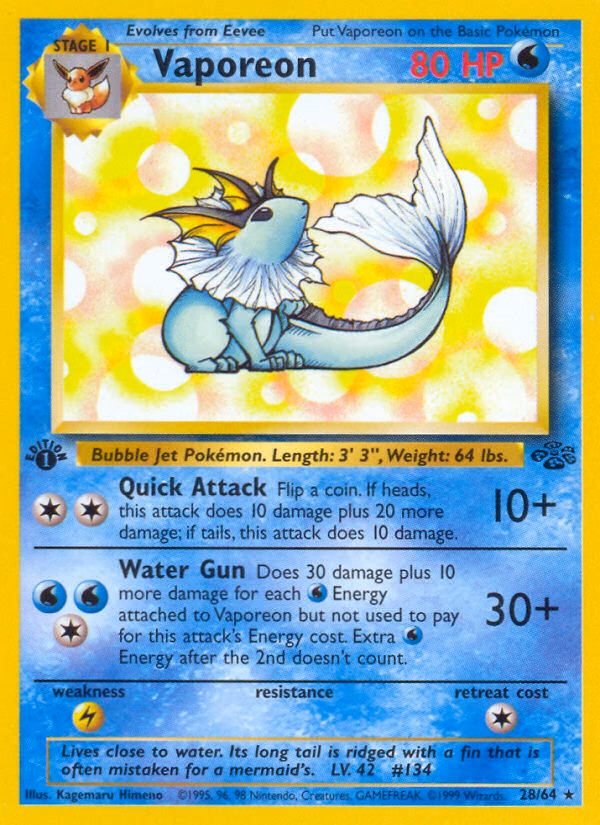 Vaporeon (1st Edition) Pokemon card (28/64, Jungle)