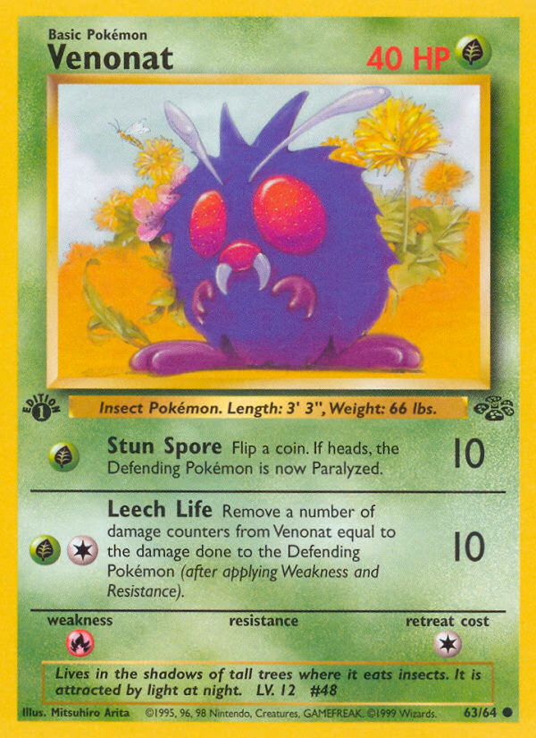 Venonat (1st Edition) Pokemon card (63/64, Jungle)