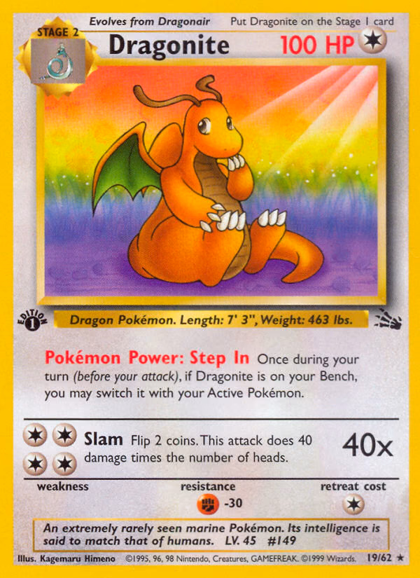 Dragonite (Unlimited) Pokemon card (19/62, Fossil)